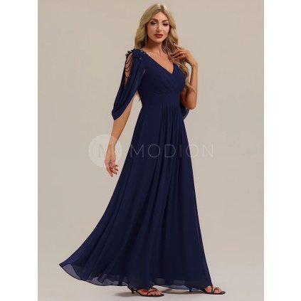 Společenské šaty dlouhé tmavě modré šifonové s ozdobnými rameny a rukávy na dvojí způsob nošení – Ever Pretty EE02580NB