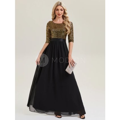 Společenské šaty dlouhé černozlaté šifonové s třpytivými rukávy – Ever Pretty EE00686KG, prodává Modion.cz