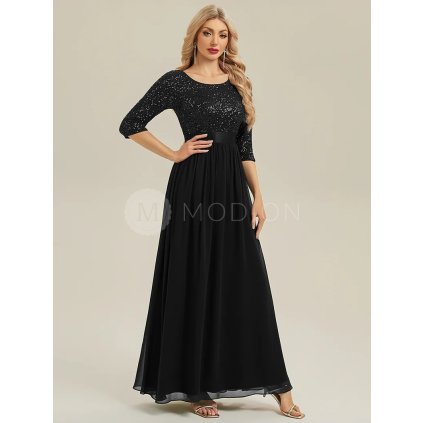 Černé společenské šaty dlouhé třpytivé s polodlouhým rukávem – Ever Pretty EE00686BK