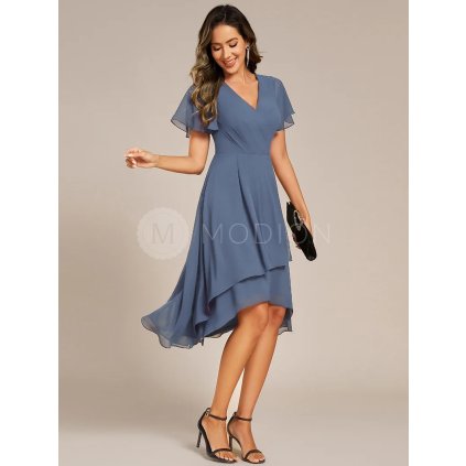 Společenské midi šaty modrošedé – Valeria (přední pohled)