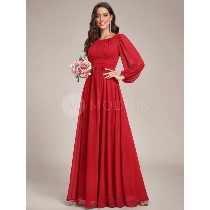 Šaty na svatbu dlouhé výrazně červené šifonové s dlouhým rukávem – Ever Pretty ES0106BRD, prodává Modion.cz