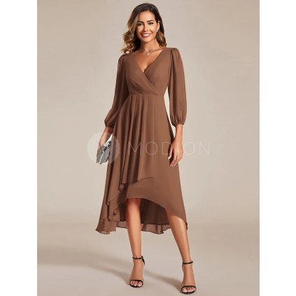 Společenské midi šaty hnědé – Vivienne (přední pohled)