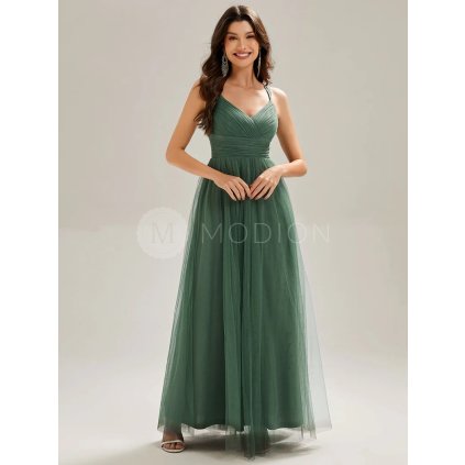 Společenské šaty dlouhé zelené tylové s křížením na zádech – Ever Pretty ESS0056EU