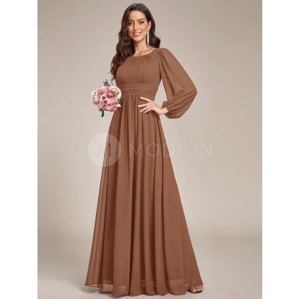 Šaty na svatbu dlouhé hnědé šifonové s dlouhým rukávem – Ever Pretty ES0106BES, prodává Modion.cz