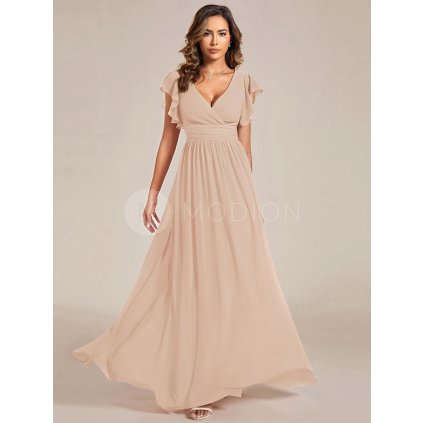 Společenské dlouhé šaty tělově růžové – Raffaela (celkový pohled)