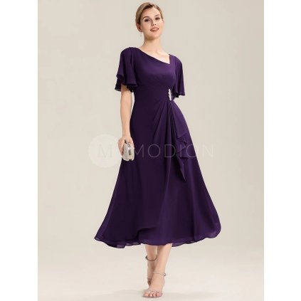 Společenské midi šaty fialové – Solenne (celkový pohled)