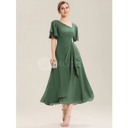 Společenské midi šaty eukalyptově zelené – Solenne (celkový pohled)