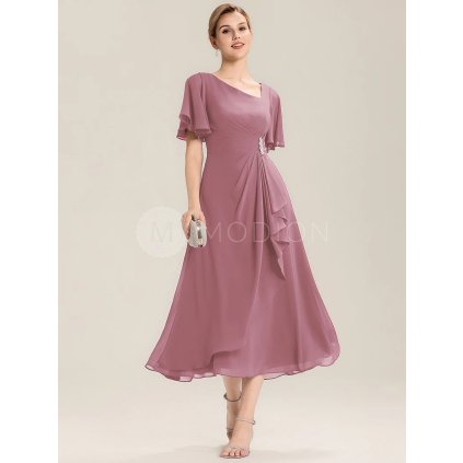 Společenské midi šaty starorůžové – Solenne (celkový pohled)