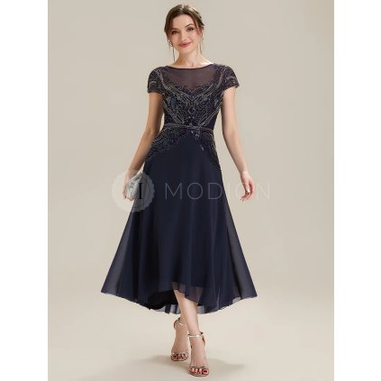 Společenské midi šaty tmavě modré – Bellamonte (celkový pohled)