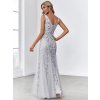 Elegantní šaty stříbrné dlouhé tylové s flitry a třpytivým vzorem – Ever Pretty EP07886SV