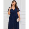 Večerní šaty tmavě modré dlouhé krajkové s krátkým rukávem – Ever Pretty EE01489NB54