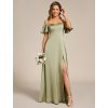 Šaty na svatbu šalvějově zelené dlouhé saténové s rozparkem, spadenými rukávy a ramínky – Ever Pretty ES00437SG
