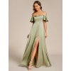 Společenské šaty šalvějově zelené dlouhé saténové s rozparkem, spadenými rukávy a ramínky – Ever Pretty ES00437SG