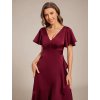 Plesové šaty vínové saténové asymetrické s krátkým rukávem – Ever Pretty ES02336BD