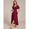 Šaty na svatbu saténové vínové krátký rukáv s volánem – Ever Pretty ES02336BD