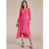 Plesové šaty cyklámenově růžové šifonové midi s asymetrickým střihem a dlouhým rukávem – Ever Pretty EG01926HP