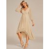 Večerní šaty béžové šifonové midi s asymetrickým střihem a dlouhým rukávem – Ever Pretty EG01926CH