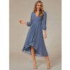 Večerní šaty modrošedé šifonové midi s asymetrickým střihem a dlouhým rukávem – Ever Pretty EG01926DN