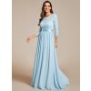 Šaty na svatbu bleděmodré šifonové s krajkovými rukávy – Ever Pretty EP07412BL