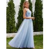 Plesové šaty bleděmodré tylové dlouhé zdobené perlami – Ever Pretty EH02075BL