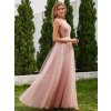 Večerní šaty růžové tylové dlouhé zdobené perlami – Ever Pretty EH02075PK