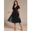 Plesové šaty černé tylové midi třpytivé s flitry a rukávem – Ever Pretty EG02230BK
