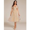 Společenské šaty zlaté tylové midi třpytivé s flitry a rukávem – Ever Pretty EG02230GD