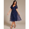 Večerní šaty tmavě modré tylové midi třpytivé s flitry a rukávem – Ever Pretty EG02230NB