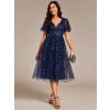 Společenské šaty tmavě modré tylové midi třpytivé s flitry a rukávem – Ever Pretty EG02230NB