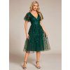 Večerní šaty smaragdově zelené tylové midi třpytivé s flitry a rukávem – Ever Pretty EG02230DG