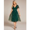 Plesové šaty smaragdově zelené tylové midi třpytivé s flitry a rukávem – Ever Pretty EG02230DG