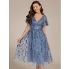 Plesové šaty modrošedé tylové midi třpytivé s flitry a rukávem – Ever Pretty EG02230DN