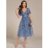 Společenské šaty modrošedé tylové midi třpytivé s flitry a rukávem – Ever Pretty EG02230DN