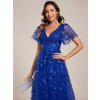 Šaty na svatbu safírově modré tylové midi třpytivé s flitry a rukávem – Ever Pretty EG02230SB