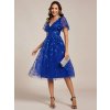 Plesové šaty safírově modré tylové midi třpytivé s flitry a rukávem – Ever Pretty EG02230SB
