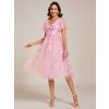 Plesové šaty růžové tylové midi třpytivé s flitry a rukávem – Ever Pretty EG02230PK