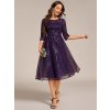 Společenské midi šaty fialové – Natalia (přední pohled)
