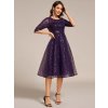 Plesové šaty tmavě fialové krátké midi flitrové s rukávem – Ever Pretty EG02241DP