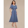 Šaty na svatbu modrošedé dlouhé šifonové s krajkou, rukávem a áčkovou sukní – Ever Pretty EE02961DN