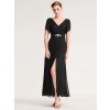 Společenské šaty černé dlouhé šifonové s rozparkem, krátkým rukávem a broží v pase – Ever Pretty EE02400BK