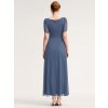 Večerní šaty modrošedé dlouhé šifonové s rozparkem, rukávem a broží v pase – Ever Pretty EE02400DN