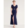 Společenské šaty tmavě modré dlouhé šifonové s rozparkem, rukávem a broží v pase – Ever Pretty EE02400NB