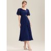 Šaty do tanečních tmavě modré midi šifonové s rukávem a broží v pase – Ever Pretty EE02463NB