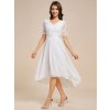 Plesové šaty bílé šifonové s krajkou midi s asymetrickým střihem a rukávem – Ever Pretty EG04489WH