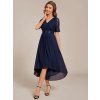 Plesové šaty tmavě modré šifonové s krajkou midi s asymetrickým střihem a rukávem – Ever Pretty EG04489NB