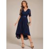 Společenské šaty tmavě modré šifonové s krajkou midi s asymetrickým střihem a rukávem – Ever Pretty EG04489NB