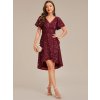 Společenské šaty vínově červené krátké flitrové s asymetrickým střihem a rukávem – Ever Pretty EE02401BD