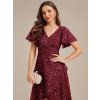 Šaty na večírek vínově červené krátké flitrové s asymetrickým střihem a rukávem – Ever Pretty EE02401BD