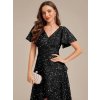 Šaty na ples černé krátké flitrové s asymetrickým střihem a rukávem – Ever Pretty EE02401BK