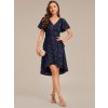 Společenské šaty tmavě modré krátké flitrové s asymetrickým střihem a rukávem – Ever Pretty EE02401NB